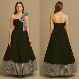 Vintage 1980s Gunne Sax Black Satin Striped One Shoulder Prom Gown Sz 9 S Gothic